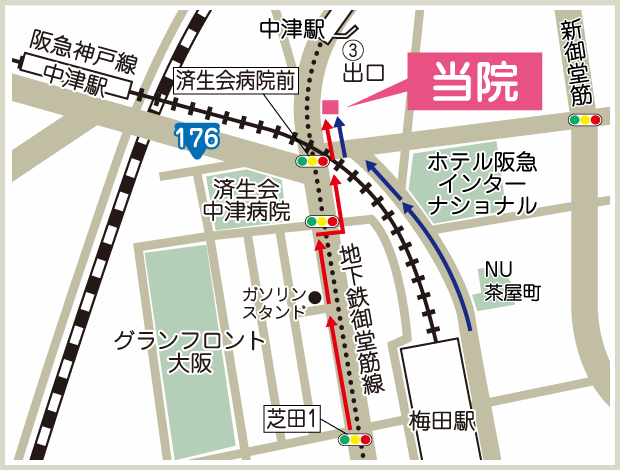 JR線「大阪」駅・地下鉄御堂筋線「梅田」駅からのアクセスはこちら